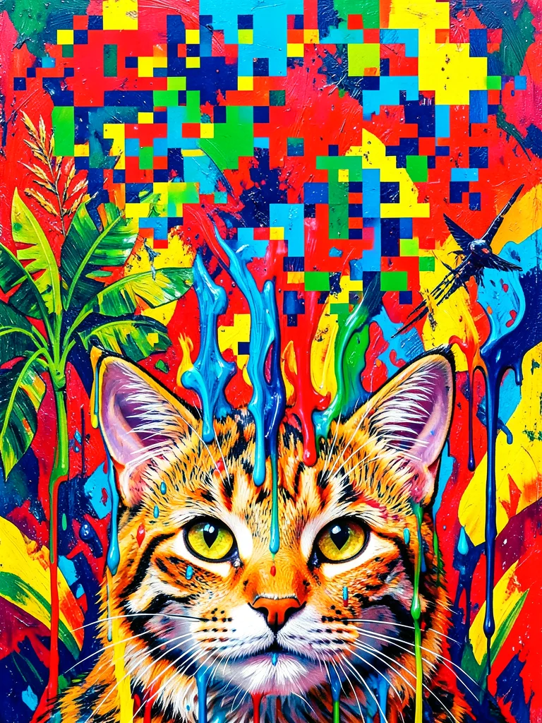 Cat portrait with pixel sorting from top, face intact at bottom, melting upward