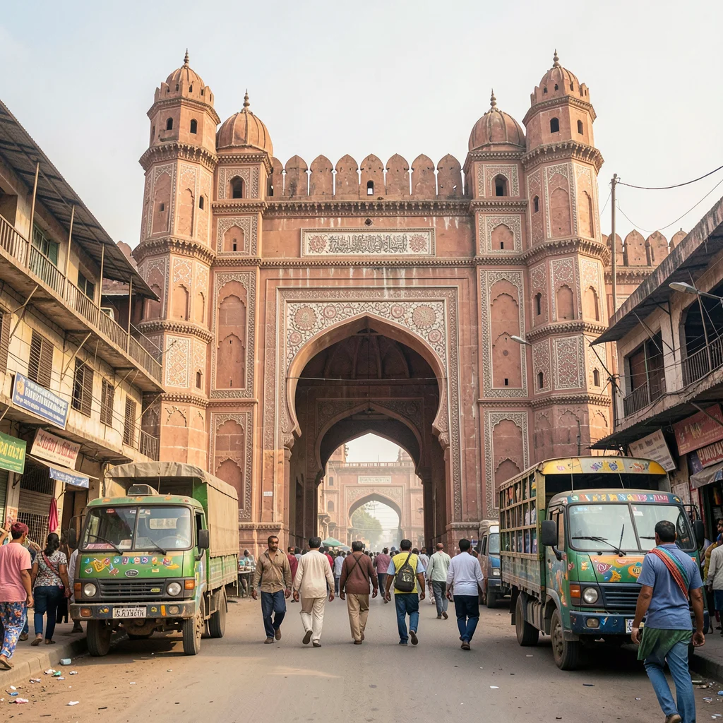 Elaborate decoration surviving dusty Lahore streets, Lahore Fort elephant gate, 