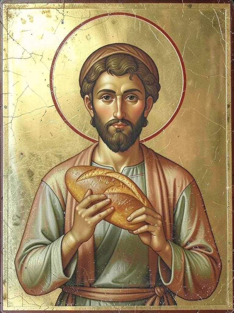 Frontal portrait of a baker holding a loaf of bread aloft with a golden halo