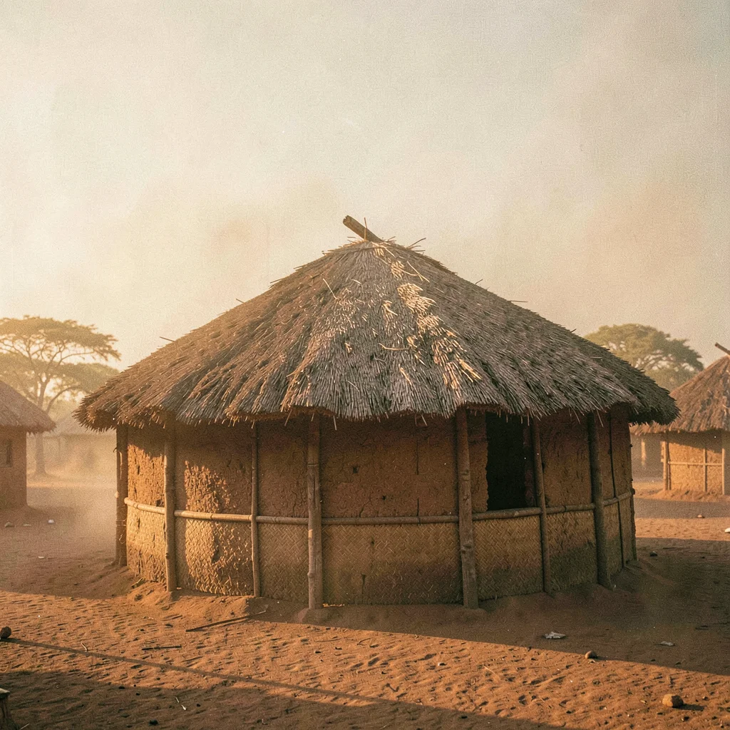 Golden Harmattan dust haze in Bamako, Mali, Traditional Dogon granary with thatc
