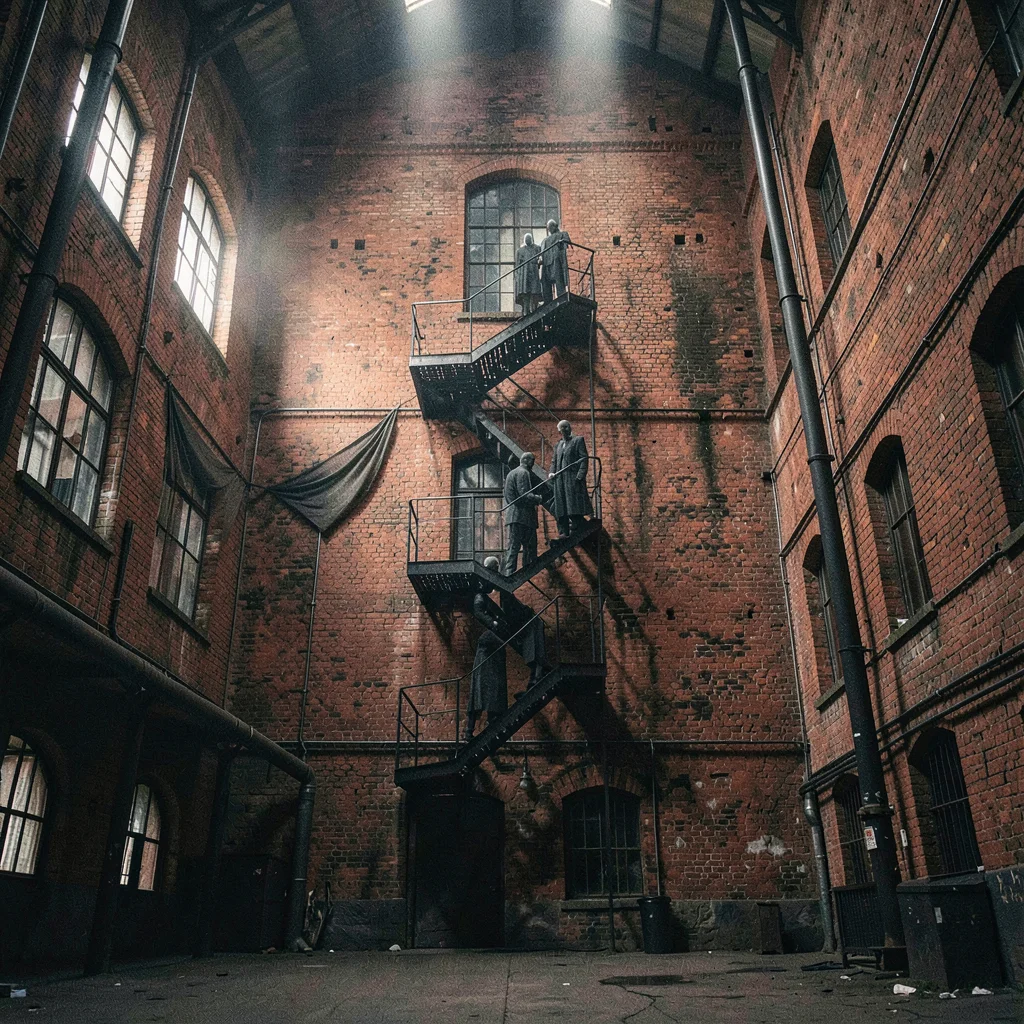 Textile factory ghosts in industrial Łódź, fire escape zigzagging down red brick