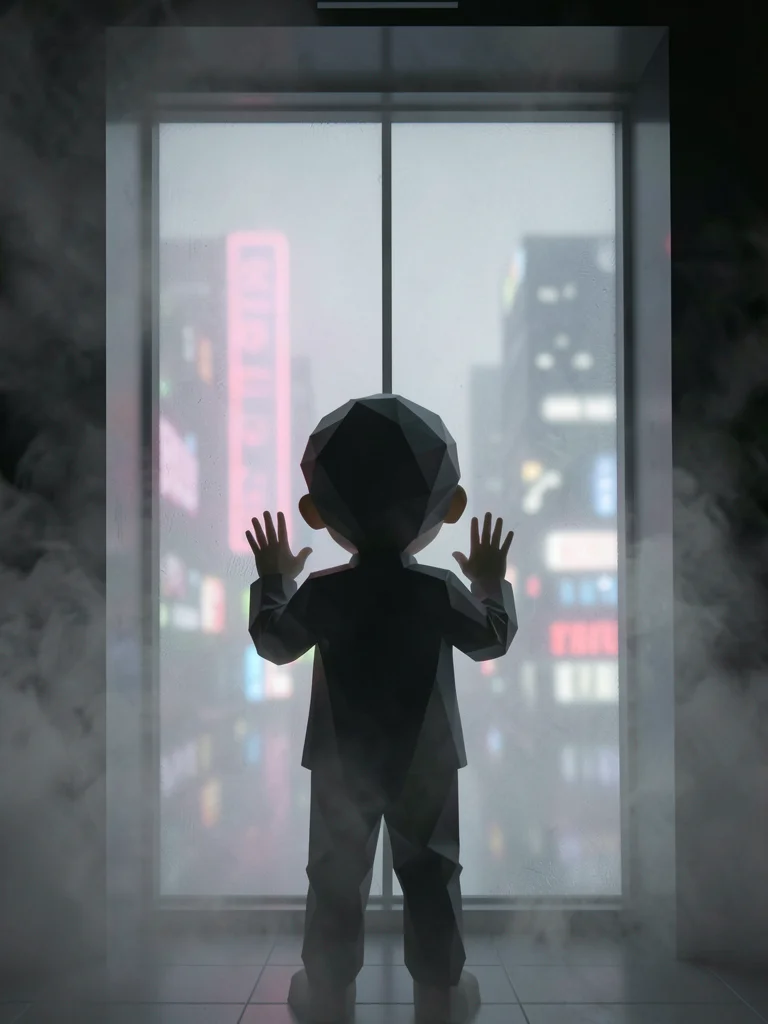 Child silhouette pressing palms against the inside of a frosted glass elevator, 