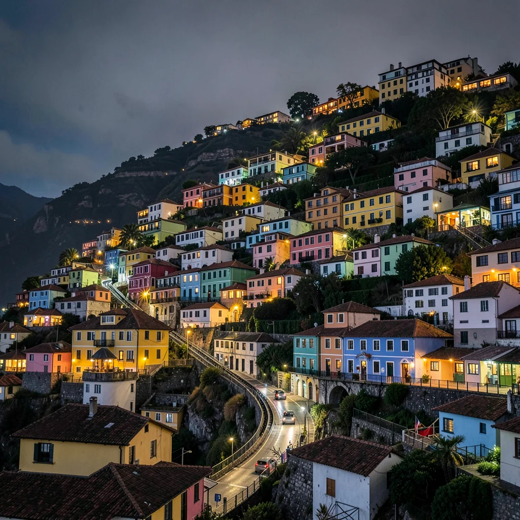 Valparaiso hillside color, painted houses climbing, Night view of lit windows cr
