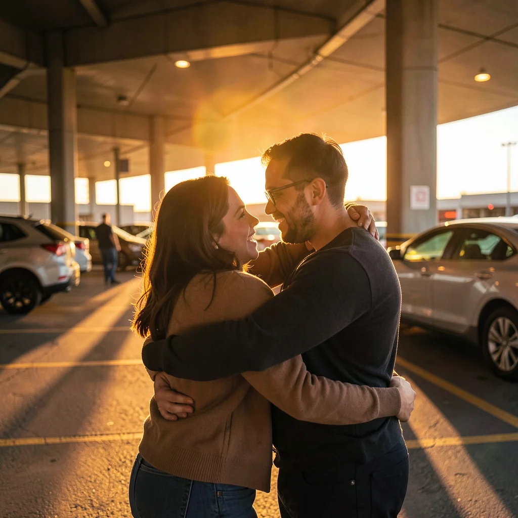 Friends embracing at airport pickup, golden parking structure light flooding thr