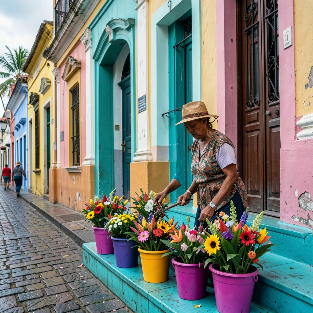 Salvador Pelourinho color, Bahian colonial saturation, A vendor arranging tropic