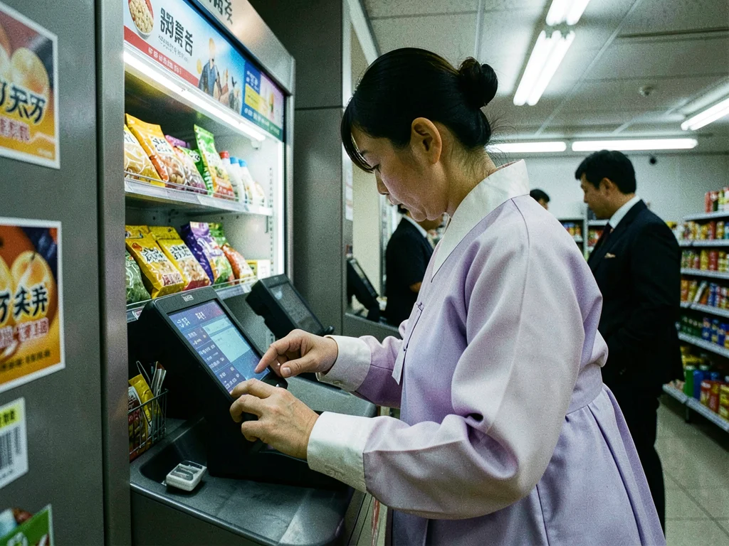 Pale lavender hanbok at self-checkout kiosk, scanning items under harsh store li