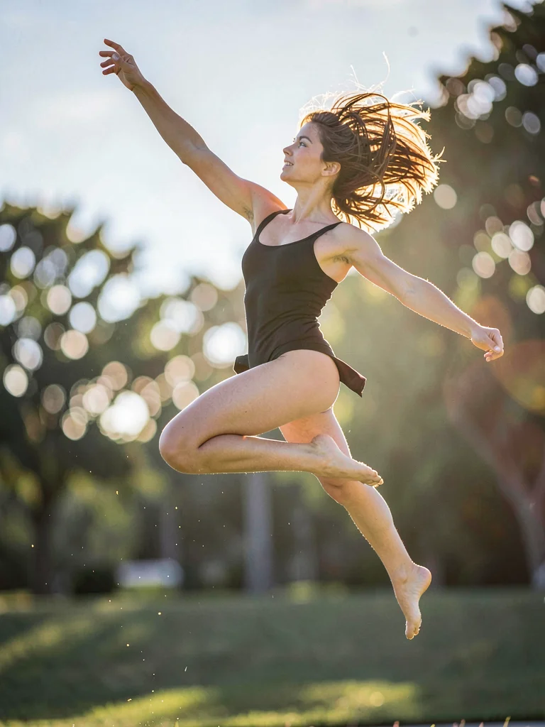 Dancer leaping, light catching hair