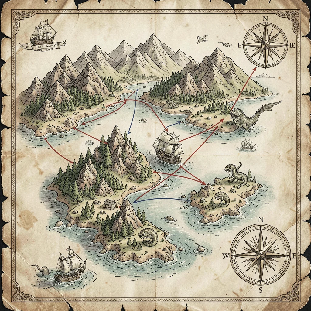 Fantasy map illustration, an island archipelago map with sailing routes, sea mon