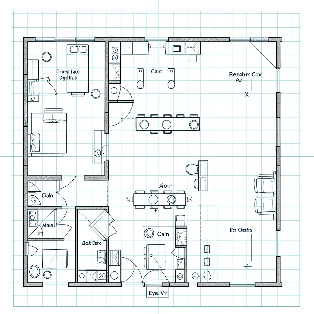 Technical schematic of a hospital ward floor plan drawn in fine ink lines, room 