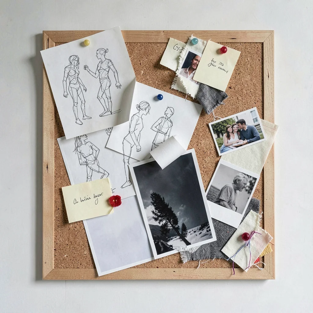 A scattered annotation cork-board with abstract sketches, photo prints, fabric s