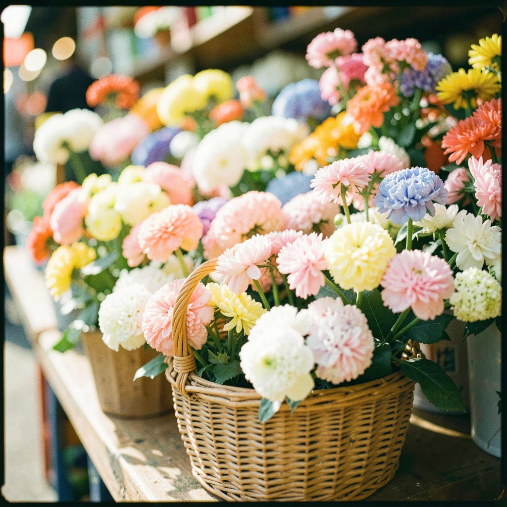 Market flowers in a wicker basket