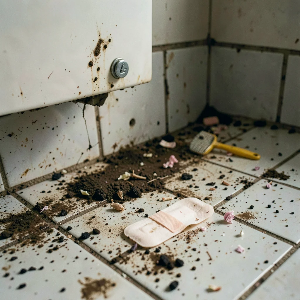 Old bandaid on bathroom floor as found still life