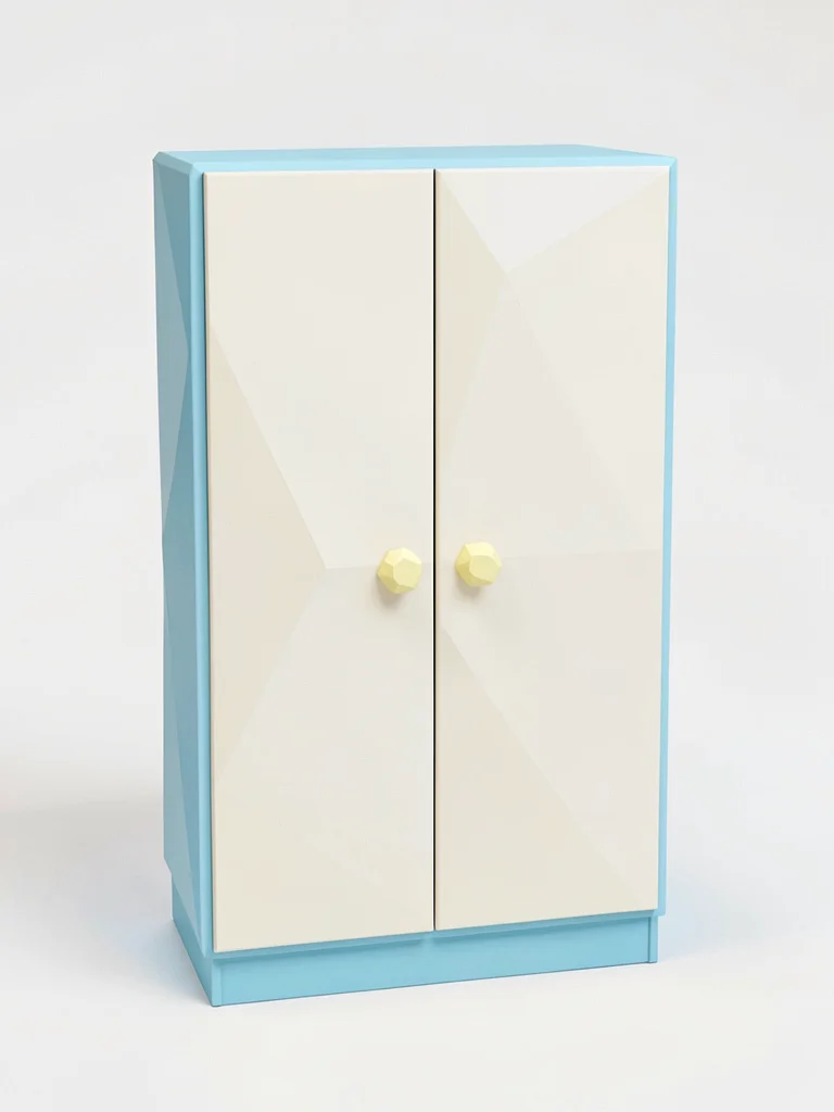 Two-door sky-blue lowpoly wardrobe with cream doors and faceted butter-yellow kn