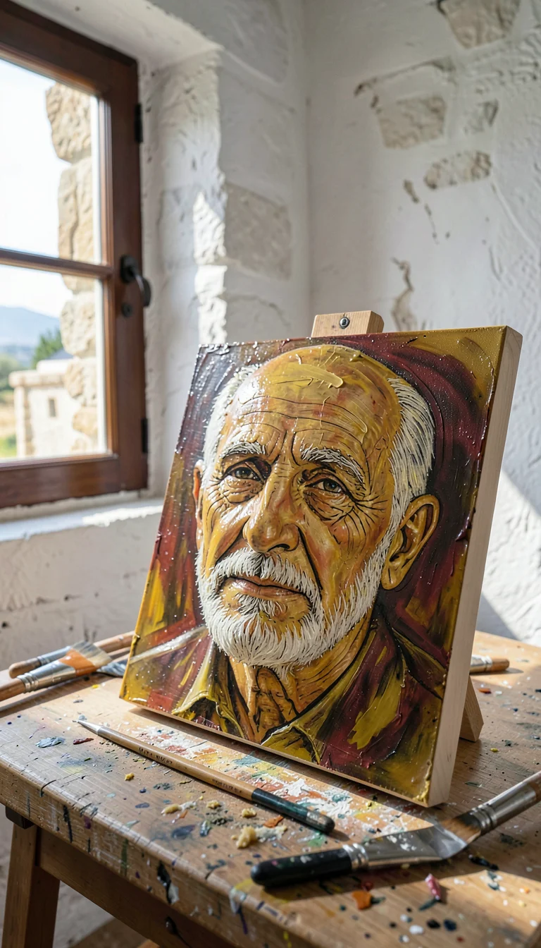 Warm encaustic painting studio on a Greek island, intimate and close, Mediterran