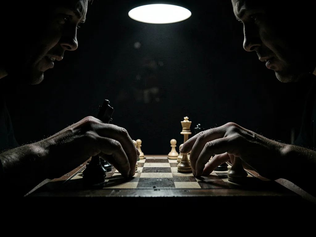 Two hands over chess board, single overhead light, only the pieces and fingers v