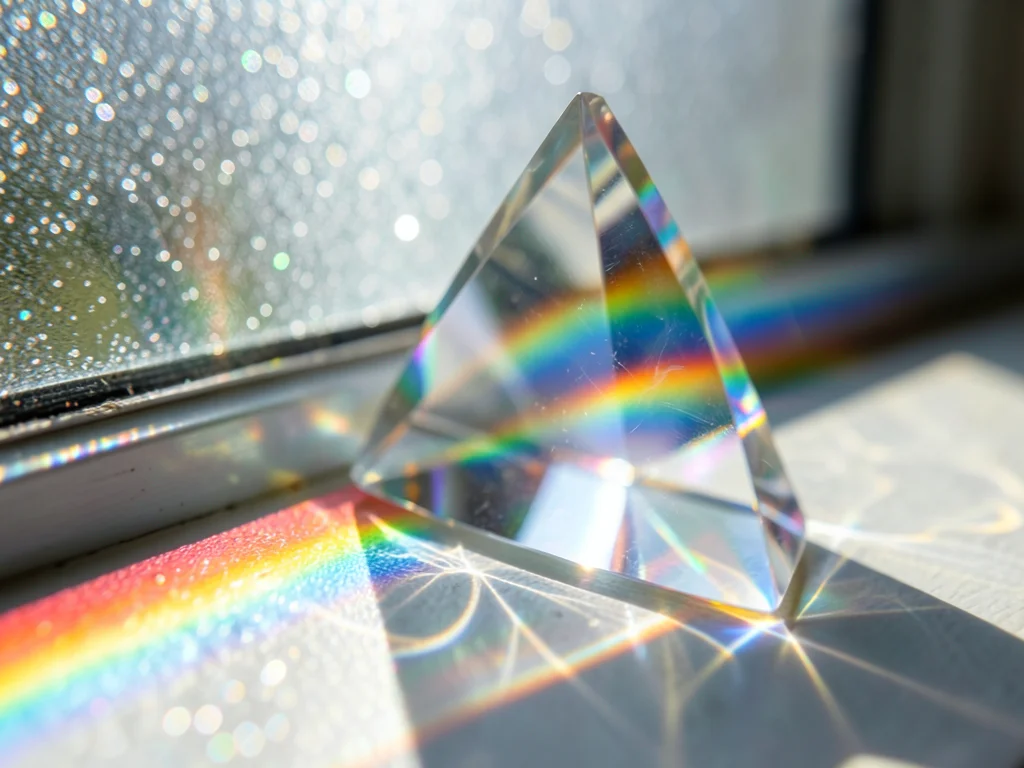 Prism held against a frosted window on a sunny day, scattered daylight condensin
