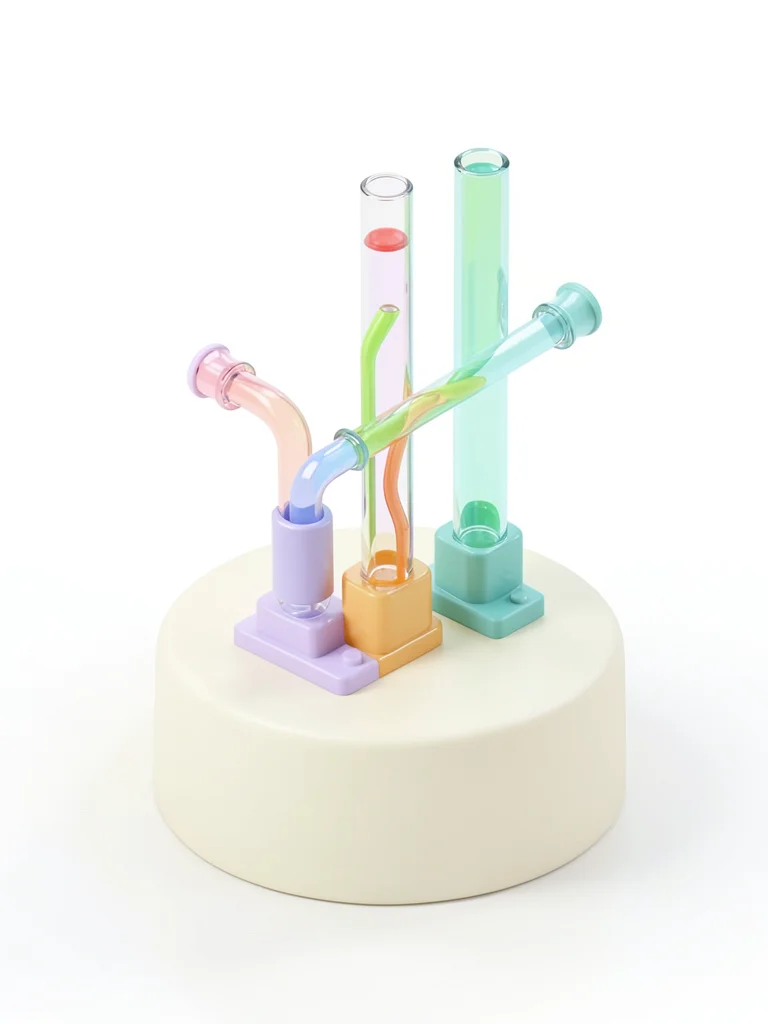 Stylized isometric pipe network with three different colored fluids flowing thro