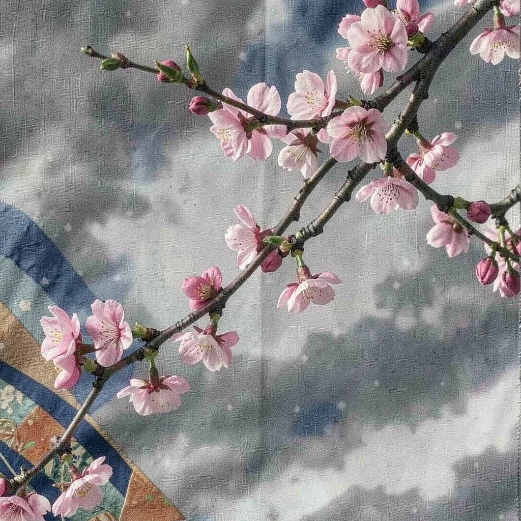 Through the textile eye of Kyoto, woven and dyed, Cherry blossom branches agains