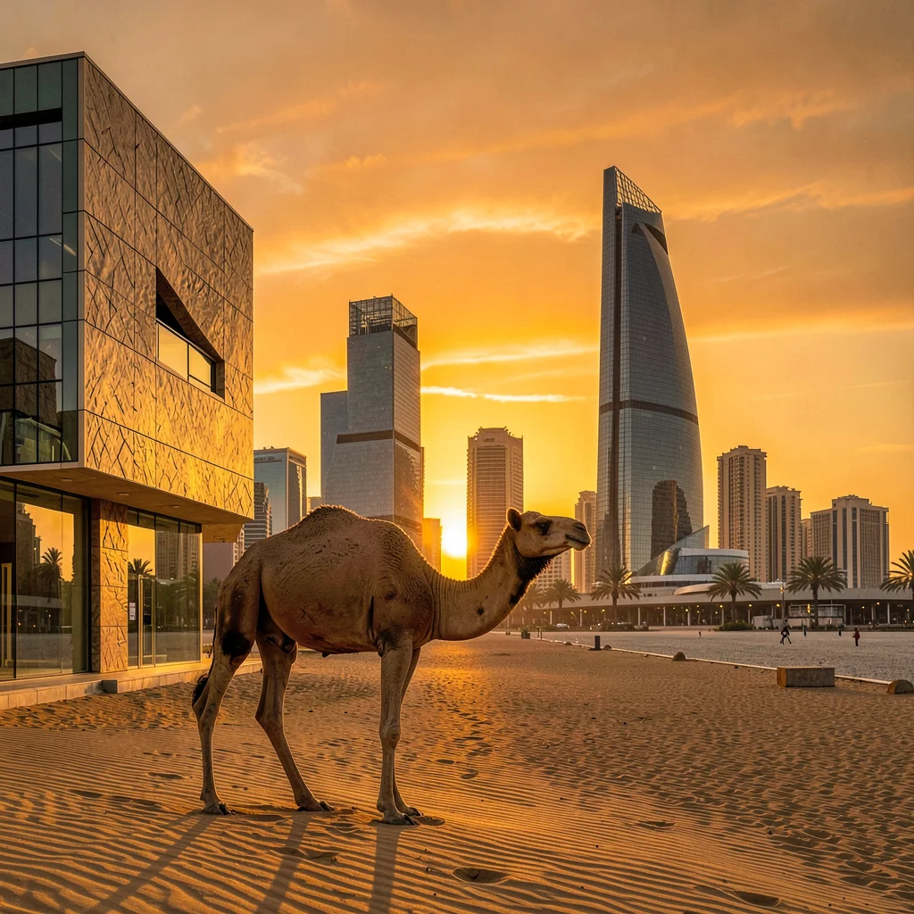 Contemporary Gulf photograph with heritage contrasts, Camel silhouette against m