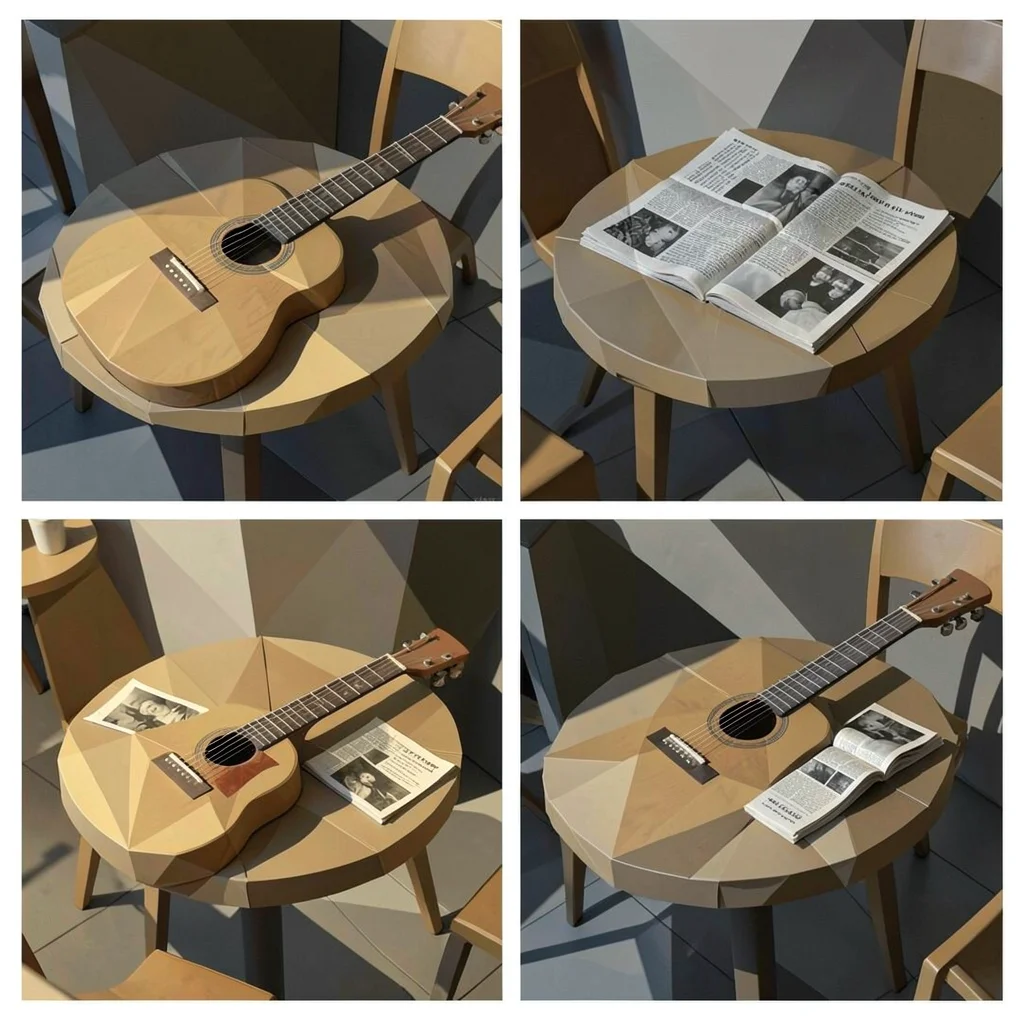 Guitar and folded newspaper on a café table, viewed simultaneously from four ang