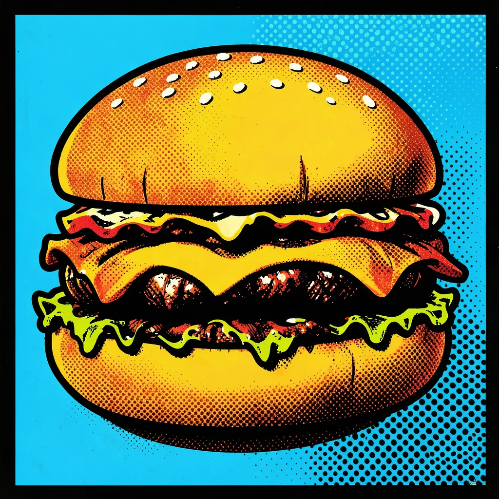 Hamburger in bold close-up, primary color fills, large Ben-Day dots in shadow ar