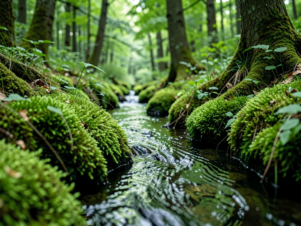 Stream bank moss trailing into water