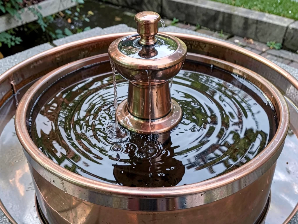 Copper fountain showing water flow