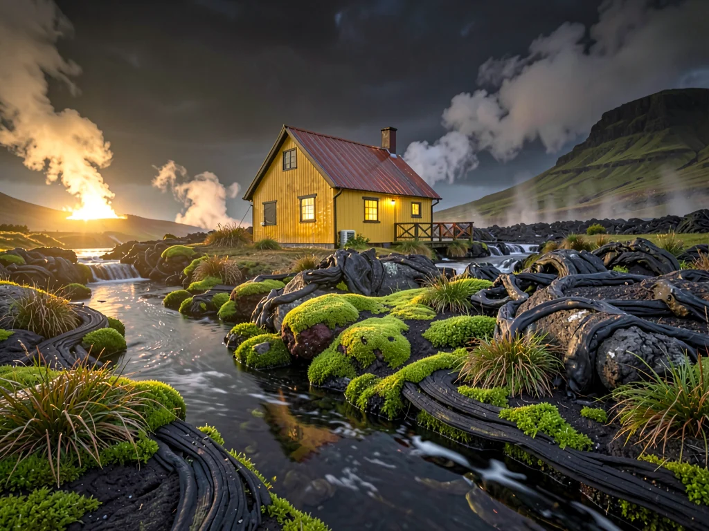 Volcanic otherworldly light in Iceland, moss-covered lava flowing around a singl