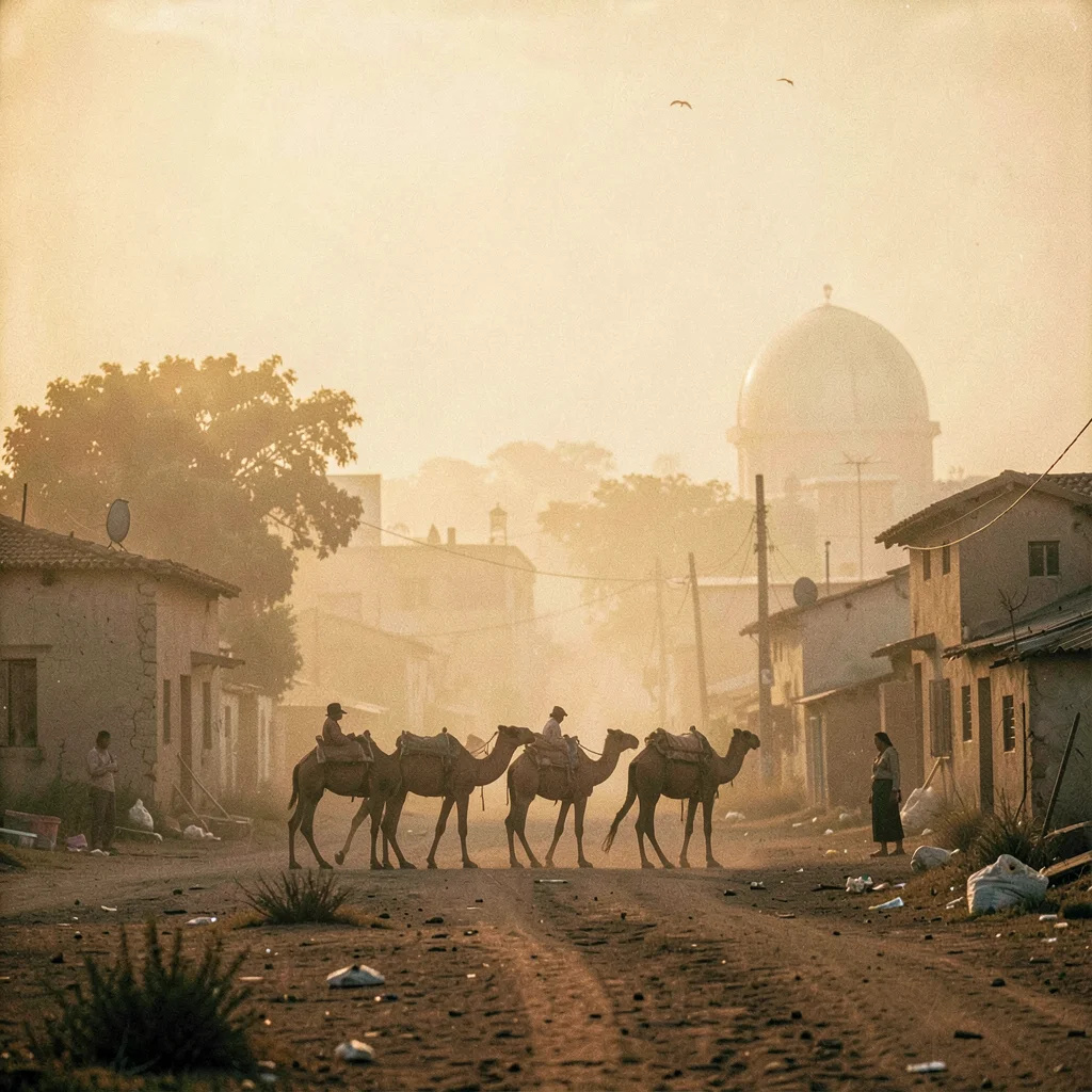 Golden Harmattan dust haze in Bamako, Mali, Camel caravan silhouette through Har