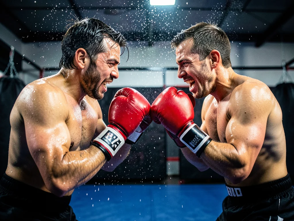 Two people sparring in a boxing gym, gloves connecting, sweat droplets frozen in