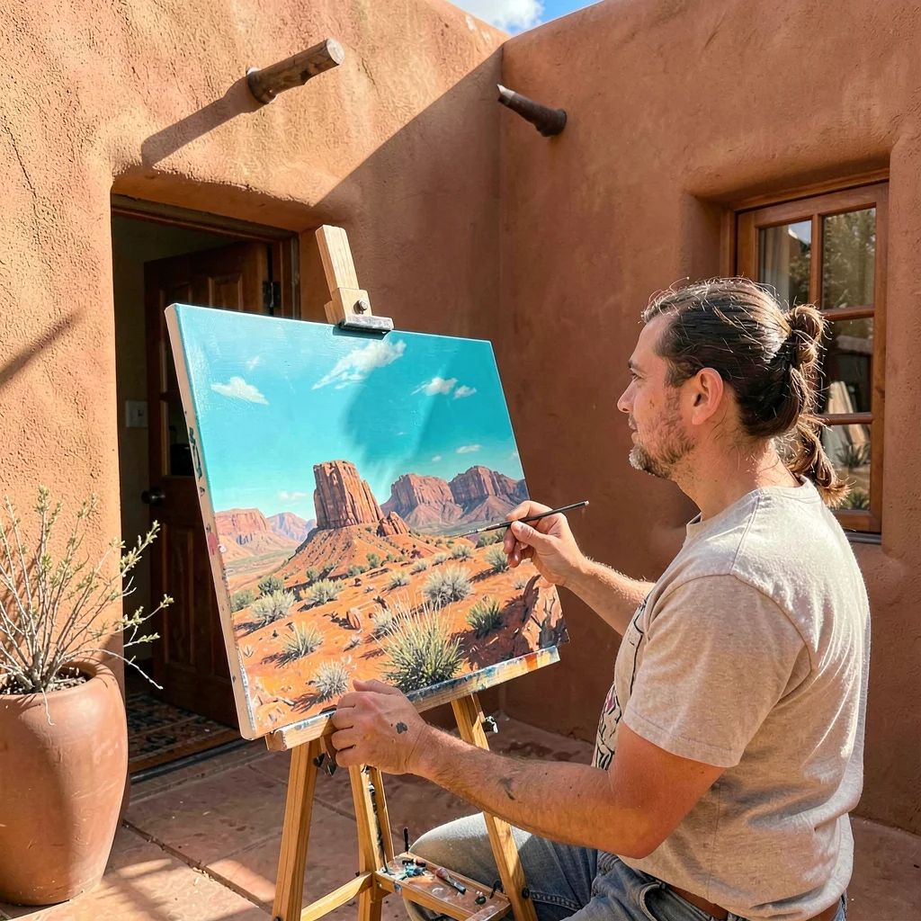 Santa Fe adobe warmth, high desert light clarity, Artist painting at an easel in
