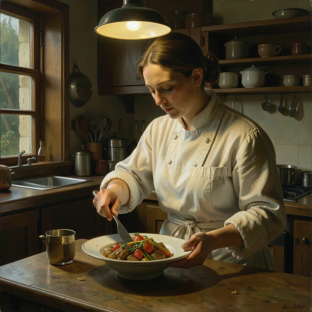 A chef plating a dish in a kitchen, a single overhead light creating Vermeer sha