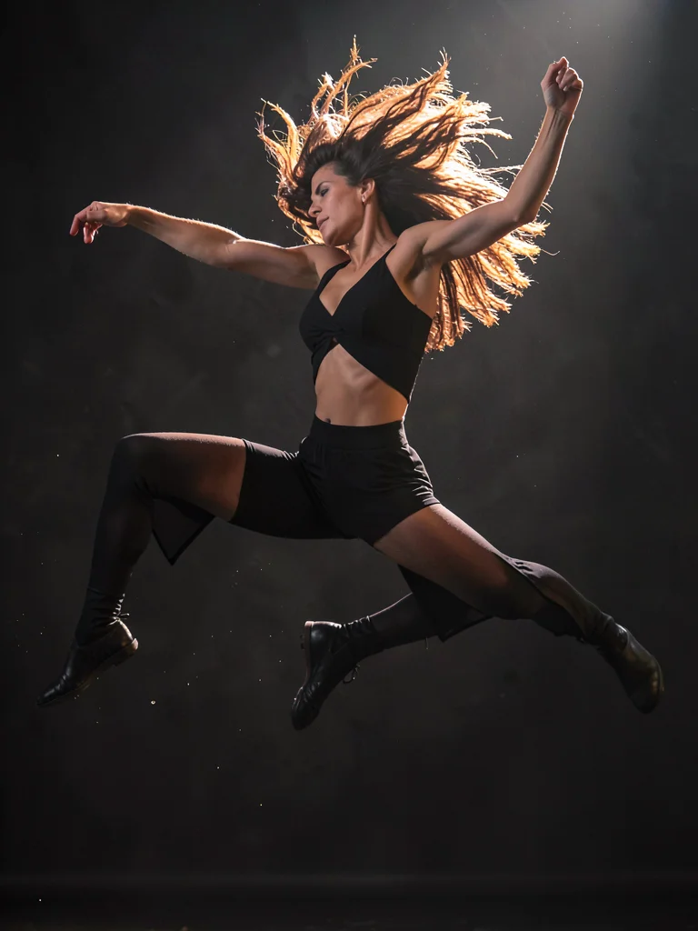 Dancer leaping, light catching hair