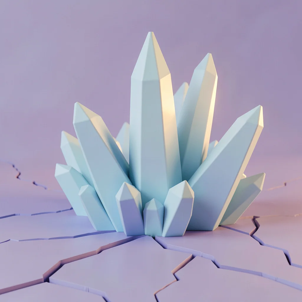 Cluster of faceted pastel-blue crystals jutting from cracked lavender ground wit