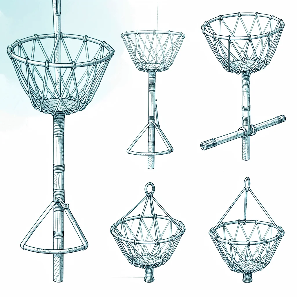 Detail study of a pole basket and grip in crisp ivory ink on cool cyan, multiple