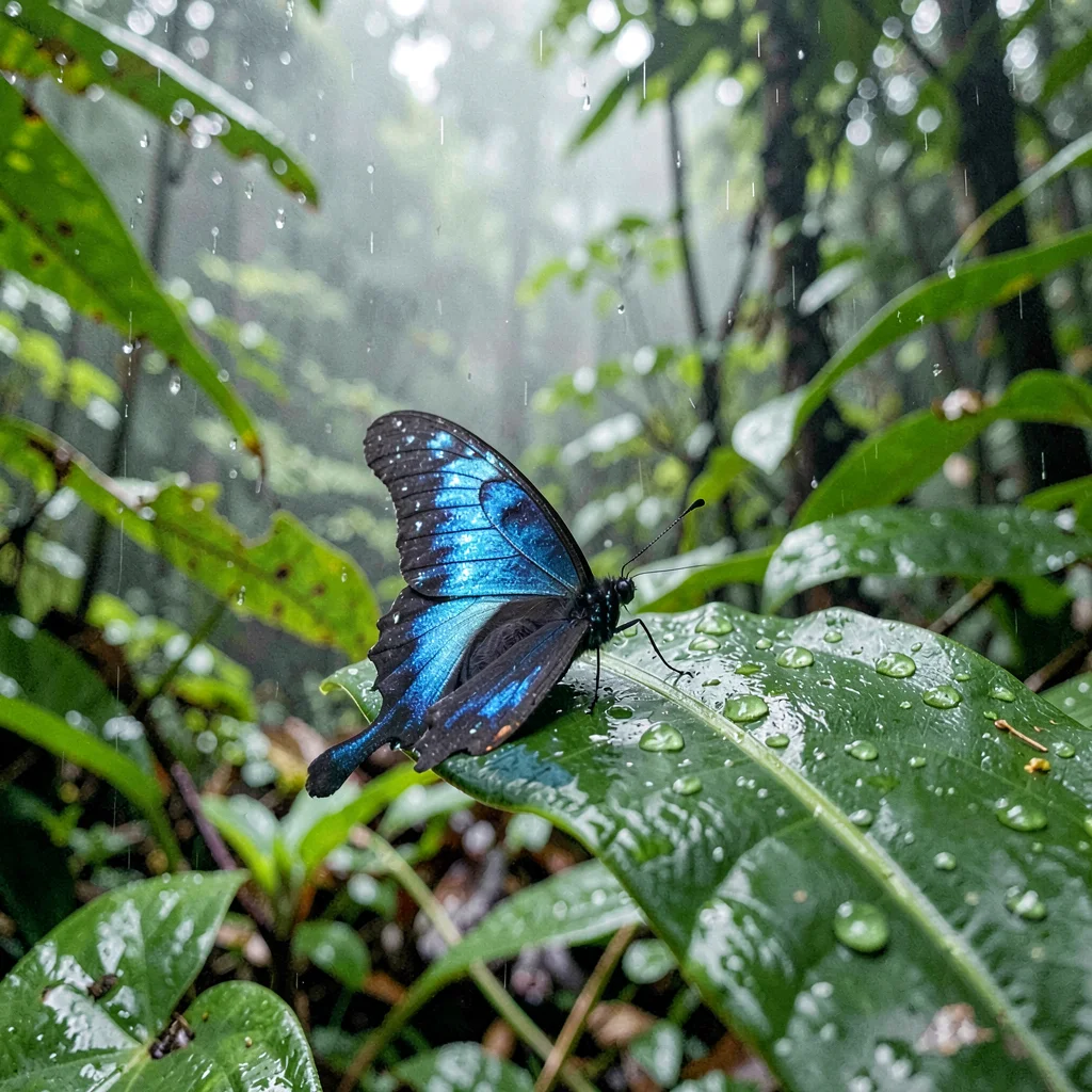 Tropical rainforest photograph, humid jungle atmosphere, A blue morpho butterfly