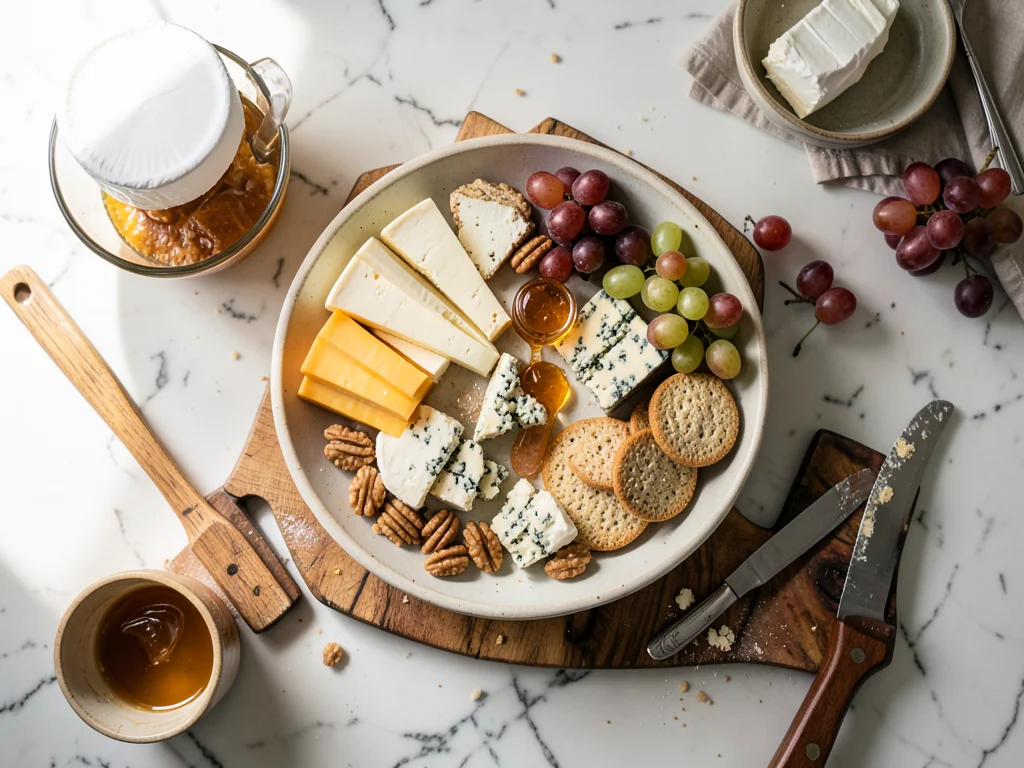 An elaborate cheese plate being arranged: soft brie, aged cheddar, blue cheese, 