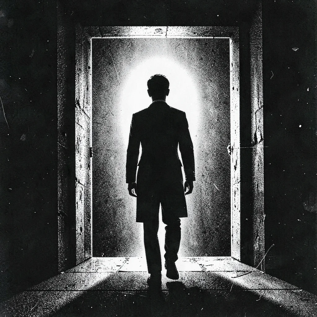 Screenprint key-art poster of a single backlit figure under a doorway, halo of l