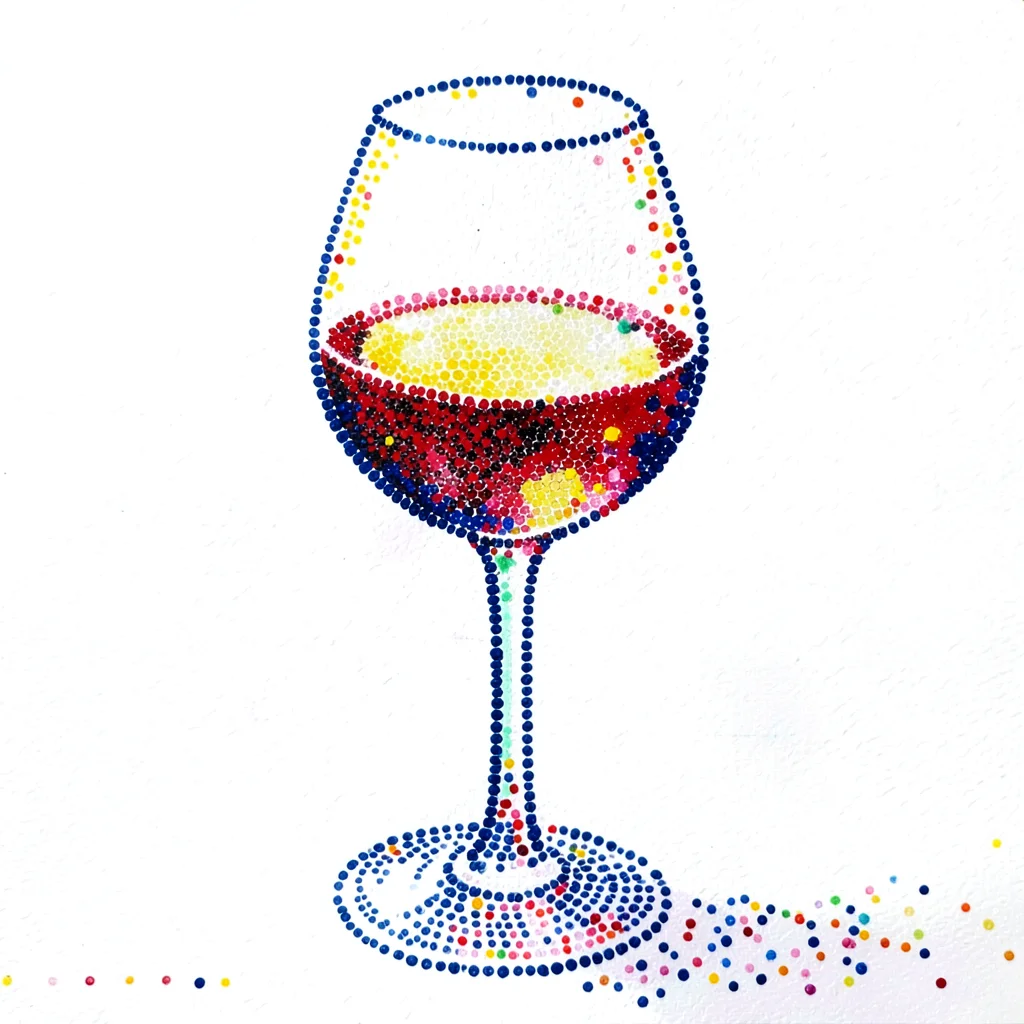 Close-up of a tabletop with a wine glass — stem and liquid in complementary dot 