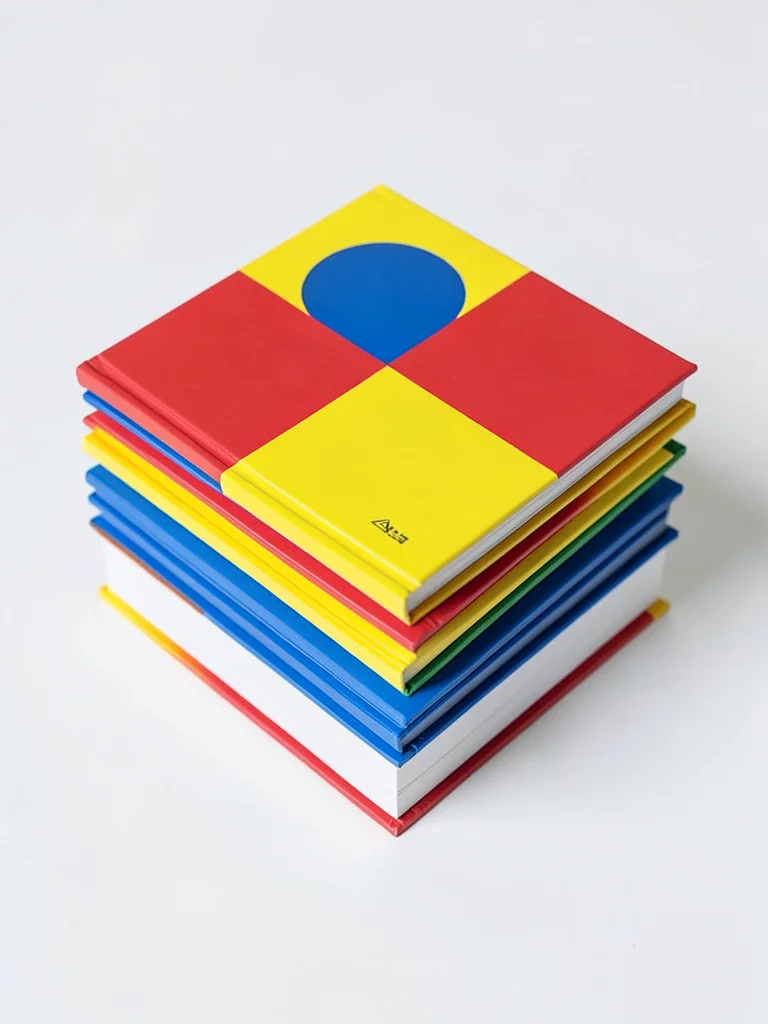 Stack of square books, spines flush, color-blocked covers in red, yellow, blue