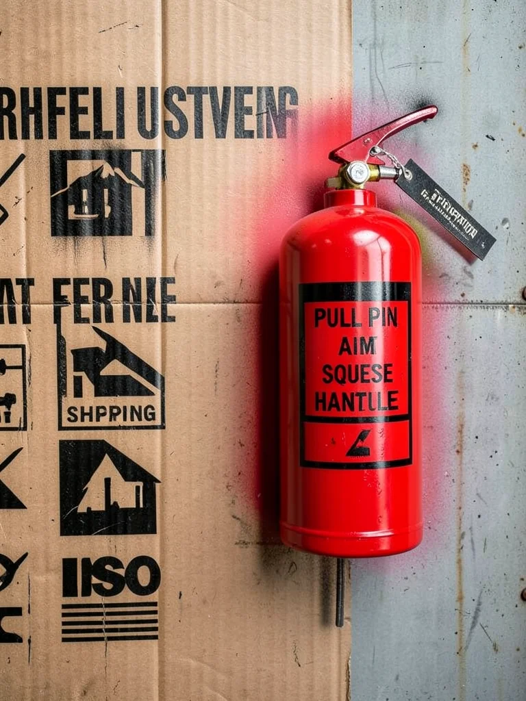 A fire extinguisher mounted on a wall with stenciled instructions — PULL PIN, AI
