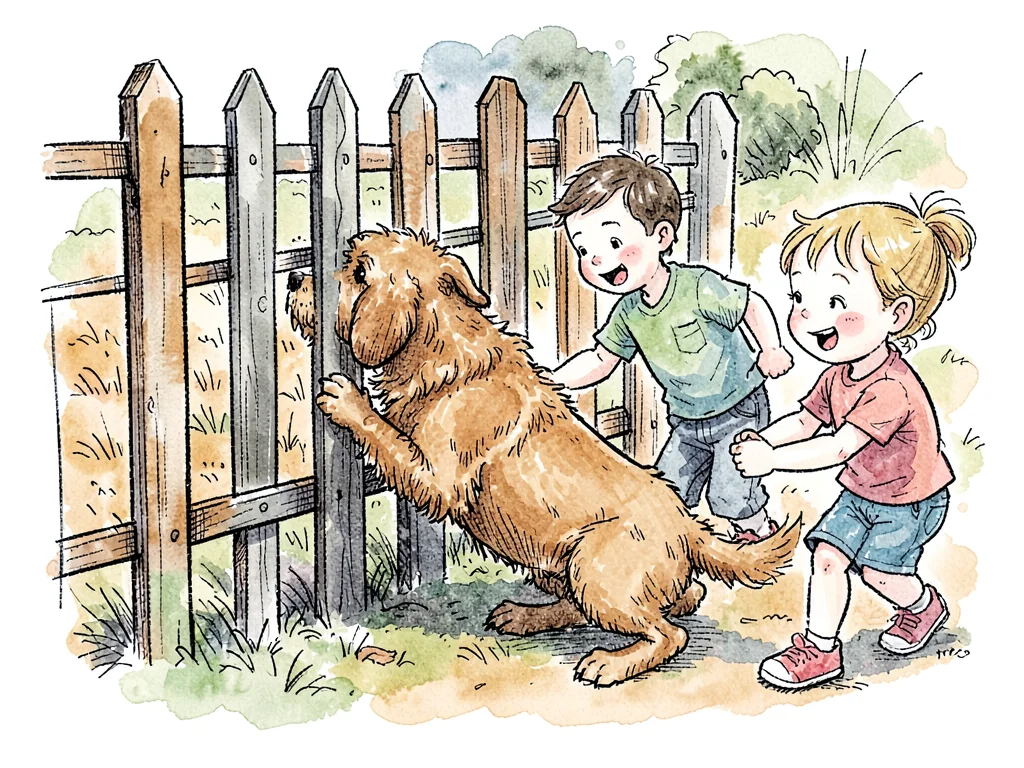 Dog stuck in fence children helping