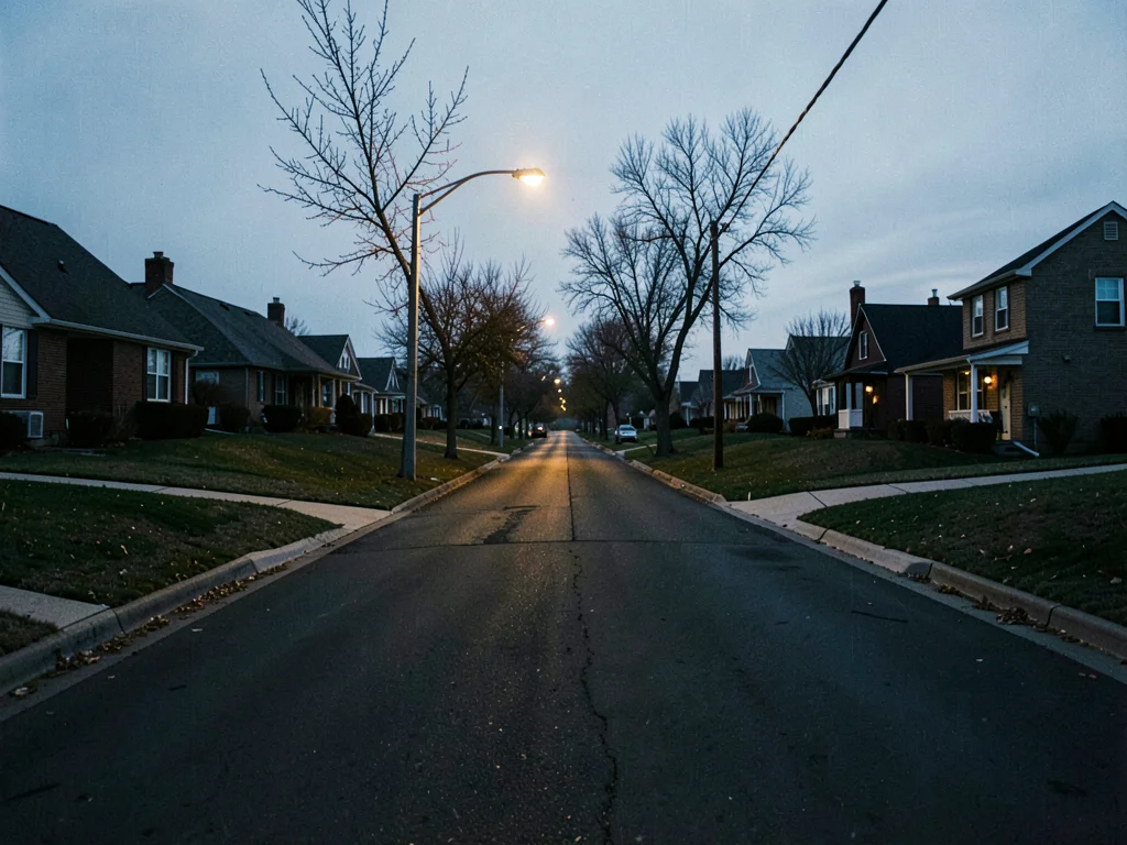 Suburban dead-end street at dusk — cul-de-sac turnaround, houses dark, streetlig
