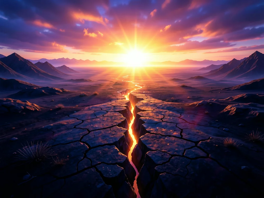 Landscape of hope — dark terrain with single crack of brilliant sunrise on horiz