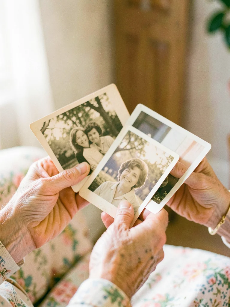 Grandmother's hands holding vintage photographs
