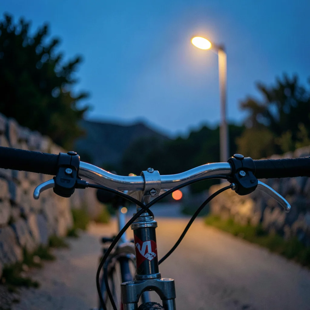 On-bike lifestyle: mount clipped to a chromoly handlebar with raw stone visible 