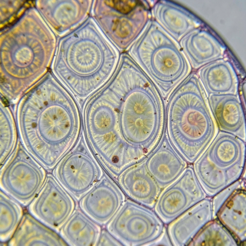 Fish scale surface at 50x, concentric growth rings visible in each translucent s