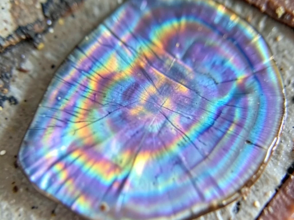 Mussel shell interior, nacre layers creating blue-purple iridescence on the inne