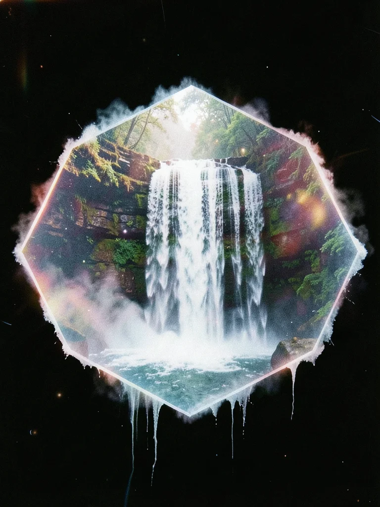 Hexagonal frame containing a waterfall, cascading water frozen within six-sided 