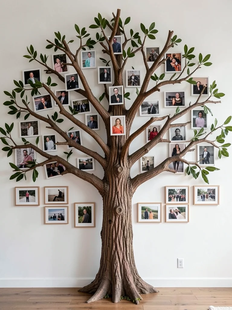 Tree where each branch holds different photograph as leaves, gallery wall as tre